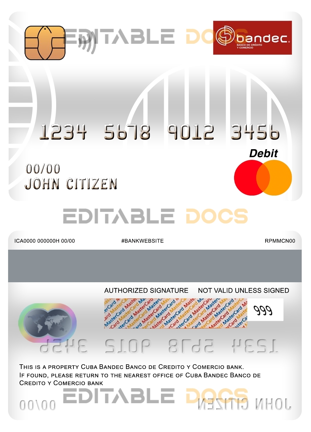 Fillable Cuba Bandec Banco de Credito y Comercio bank mastercard debit card Templates | Layer-Based PSD