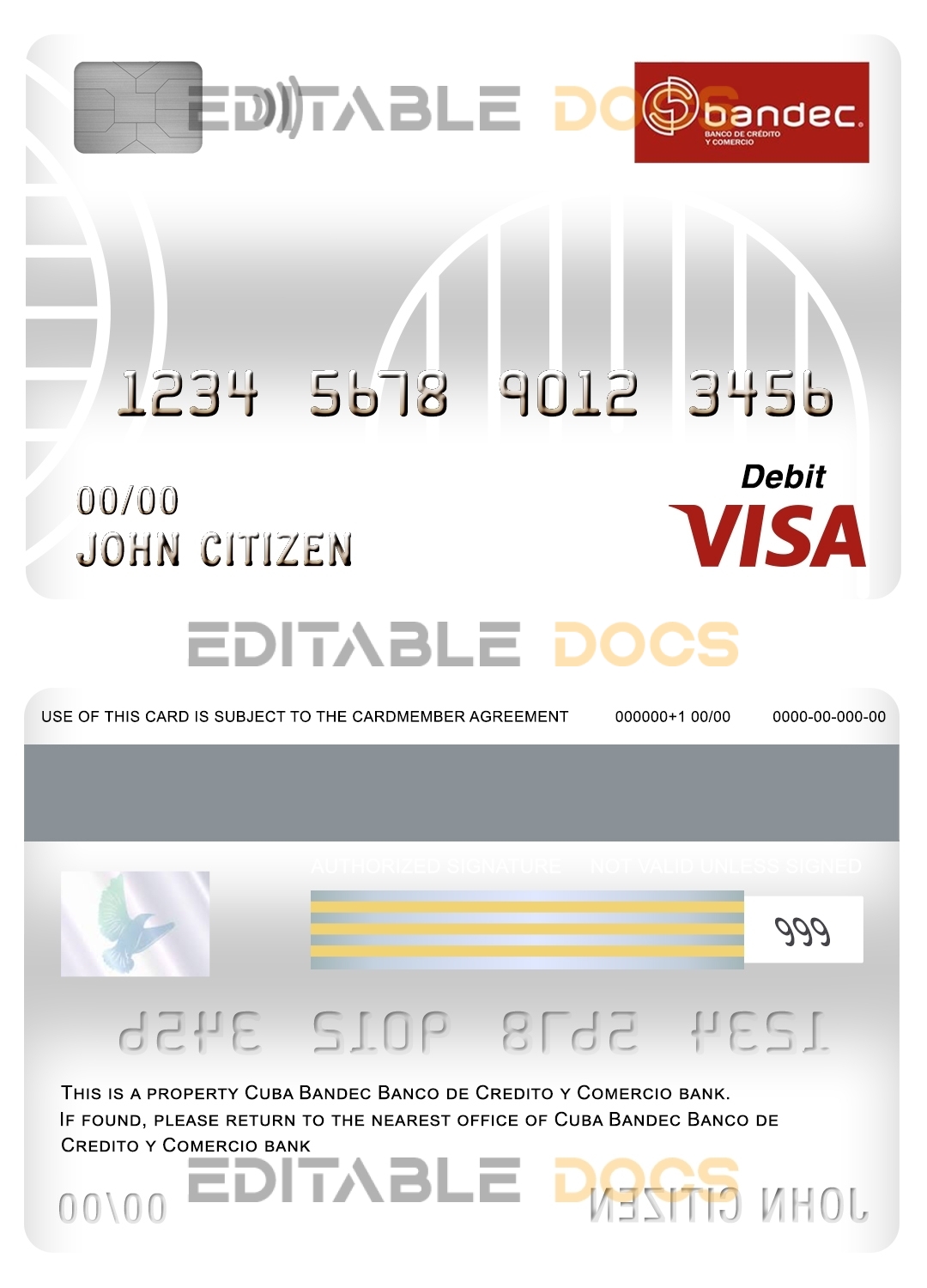 Editable Cuba Bandec Banco de Credito y Comercio bank visa card debit card Templates in PSD Format