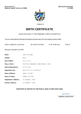 Cuba vital record birth certificate Word and PDF template, completely editable