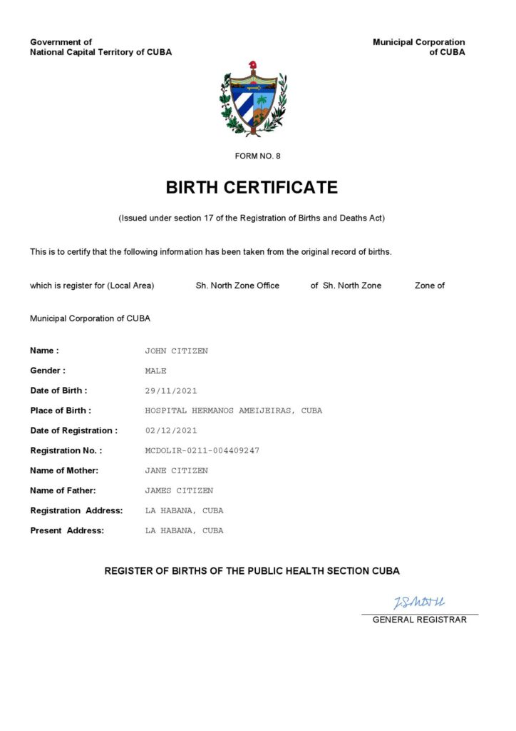 Cuba vital record birth certificate Word and PDF template, completely editable