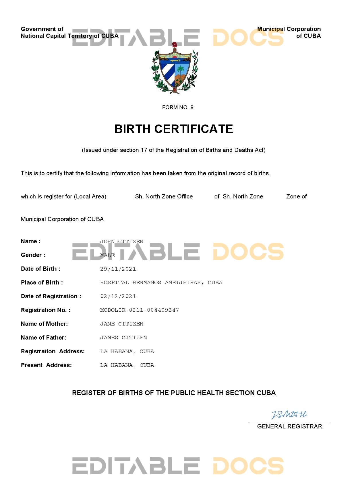 Authentic Cuba Birth Certificate Template | Customize and Download Online