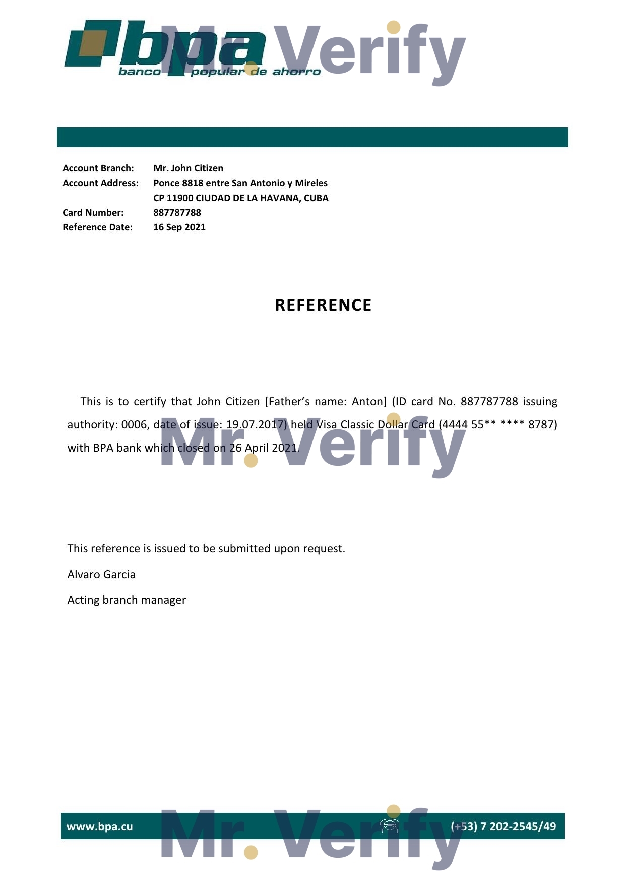 Download Cuba Banco Popular de Ahorro (BPA) Bank Reference Letter Templates | Editable Word