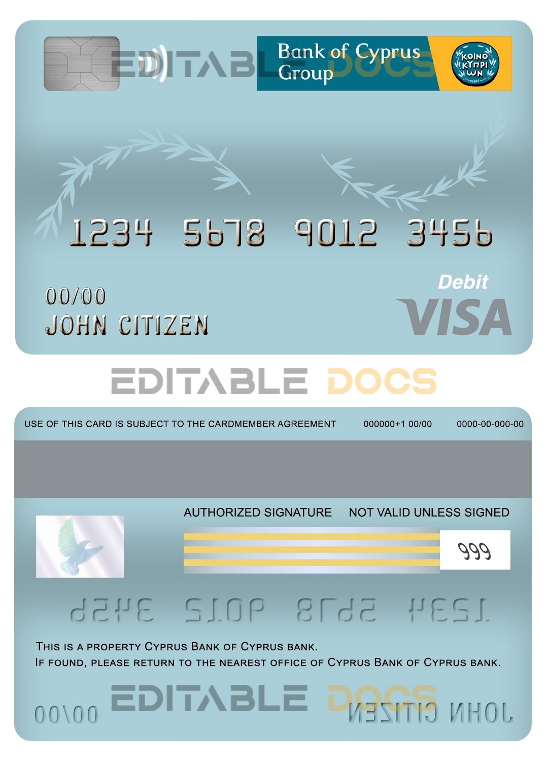 Editable Cyprus Bank of Cyprus bank visa card debit card Templates in PSD Format