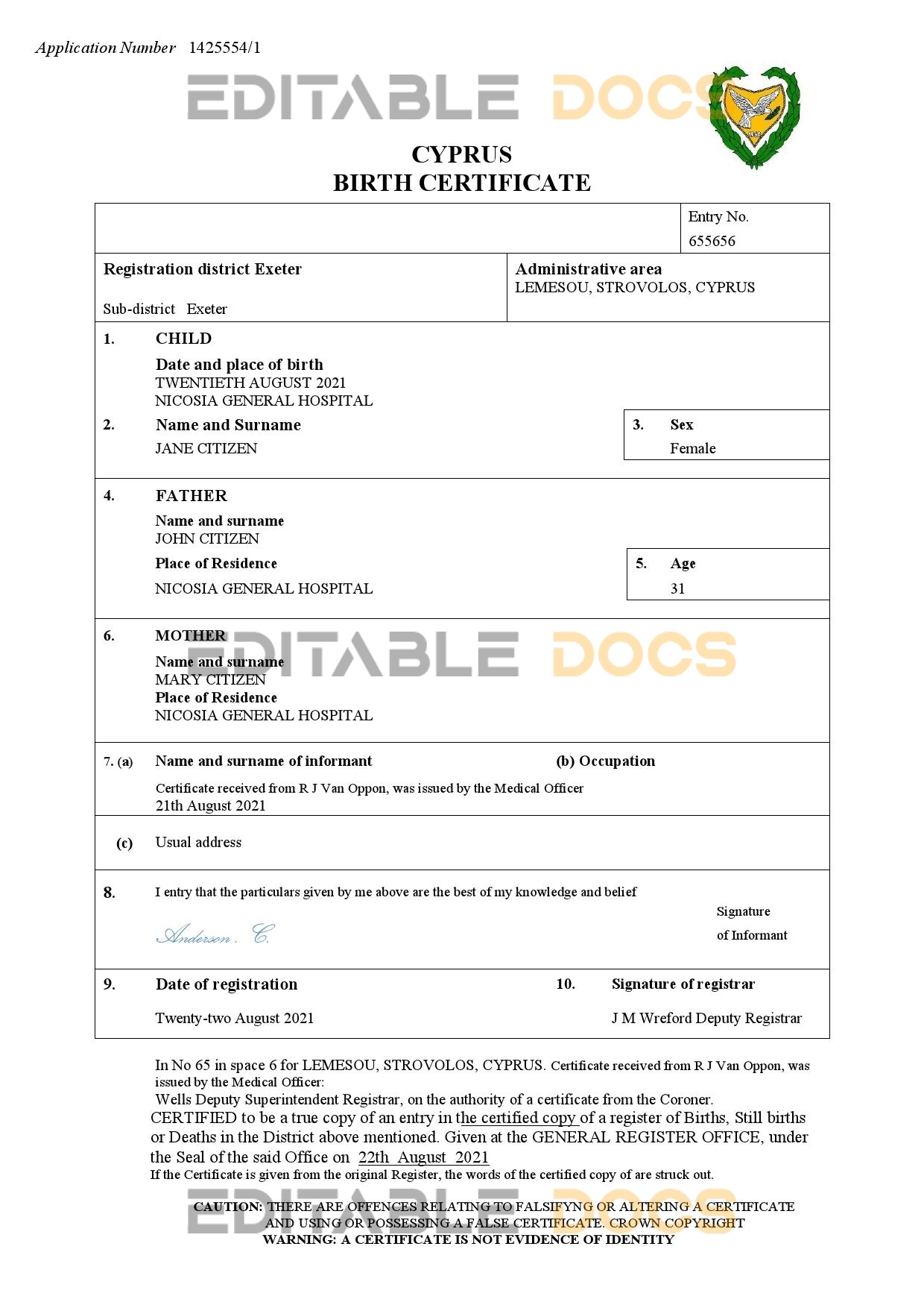 Authentic Cyprus Birth Certificate Template | Customize and Download Online
