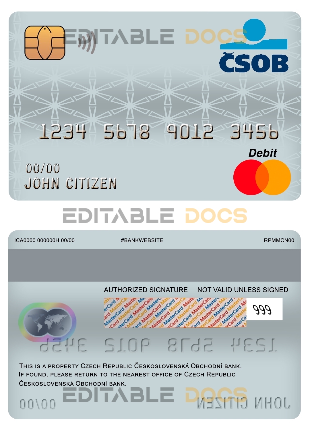 Editable Czech Republic Československá Obchodní bank mastercard debit card Templates in PSD Format