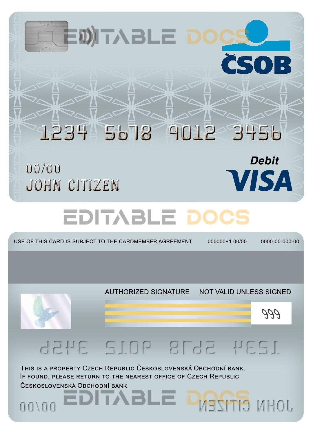 Fillable Czech Republic Československá Obchodní bank visa card debit card Templates | Layer-Based PSD