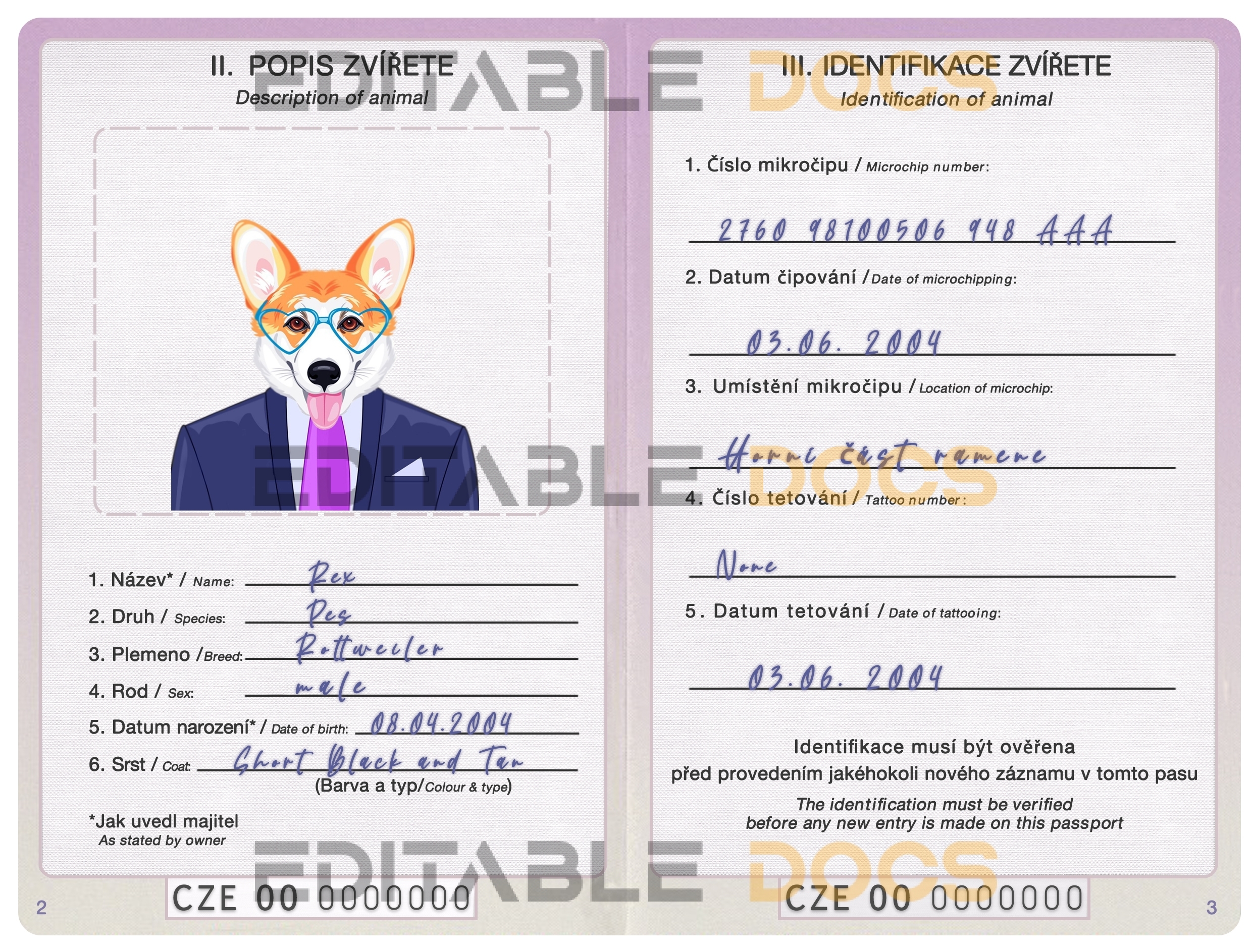 Czech Republic dog Fake PSD Passport | Instant Download