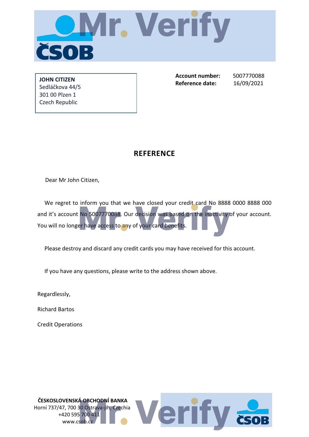 Download Czech Republic Československá Obchodní Bank Reference Letter Templates | Editable Word