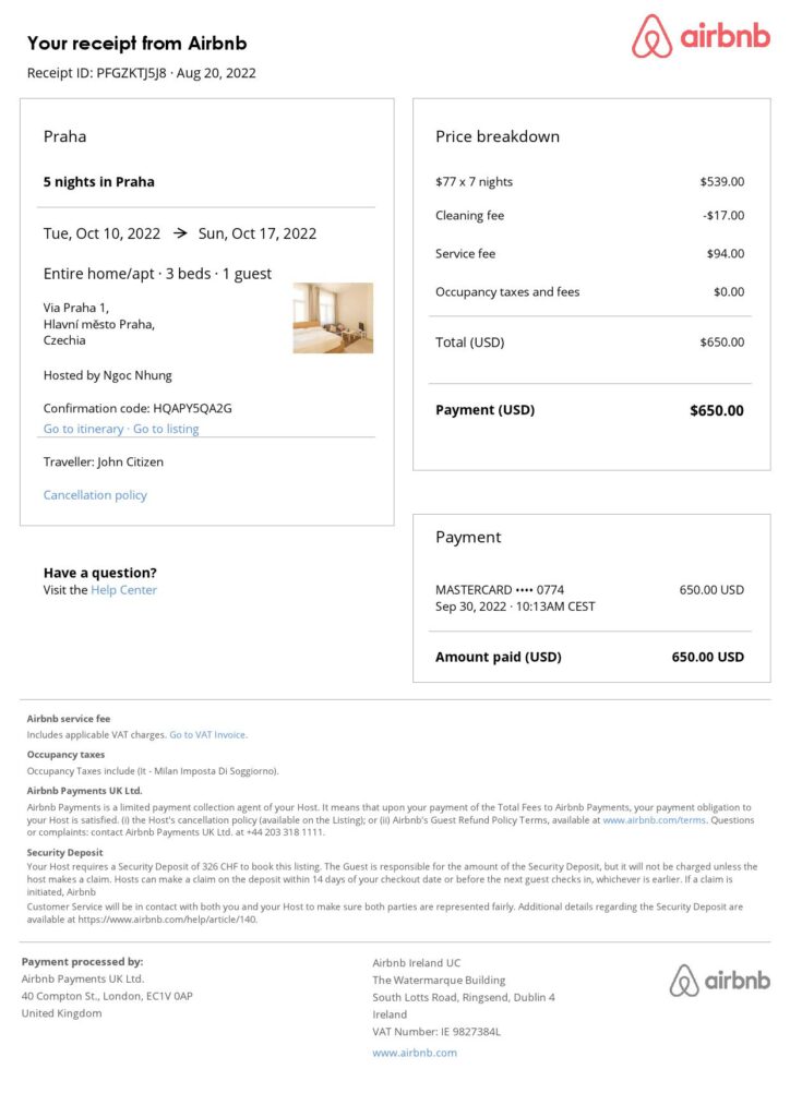 Editable Czechia Hotel Booking Form Template | Fillable PDF