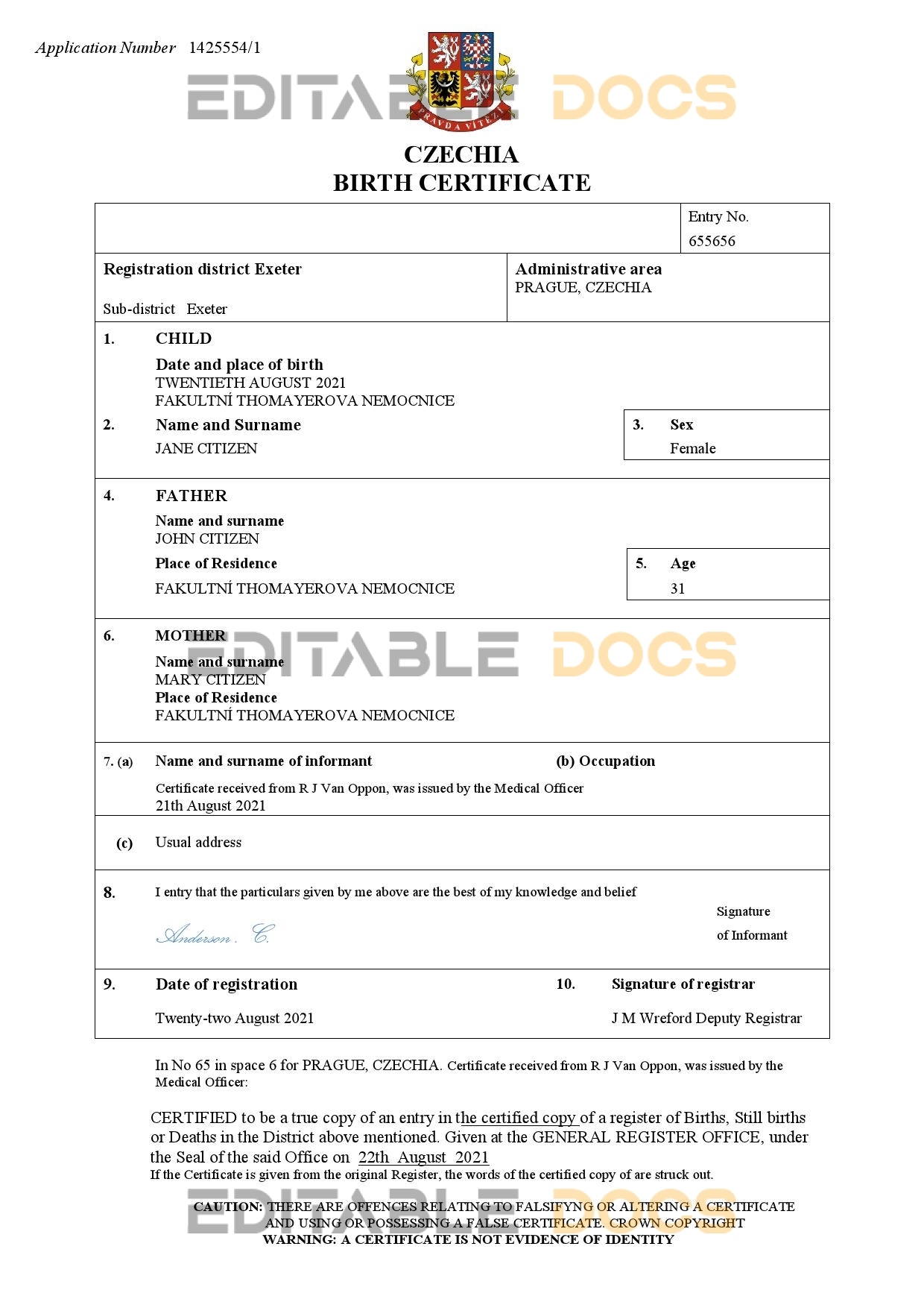 Authentic Czechia Birth Certificate Template | Customize and Download Online