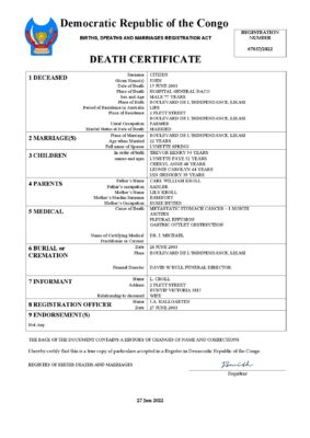 Democratic Republic of the Congo birth certificate Word and PDF template, completely editable