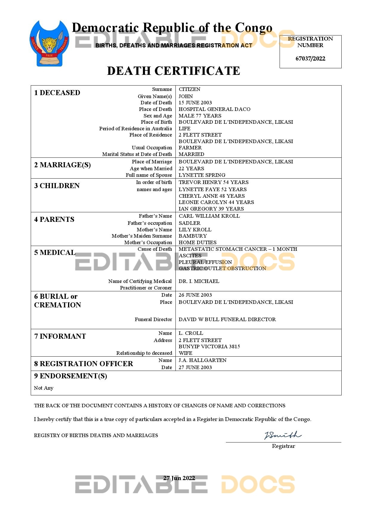 Authentic Democratic Republic of the Congo Birth Certificate Template | Customize and Download Online