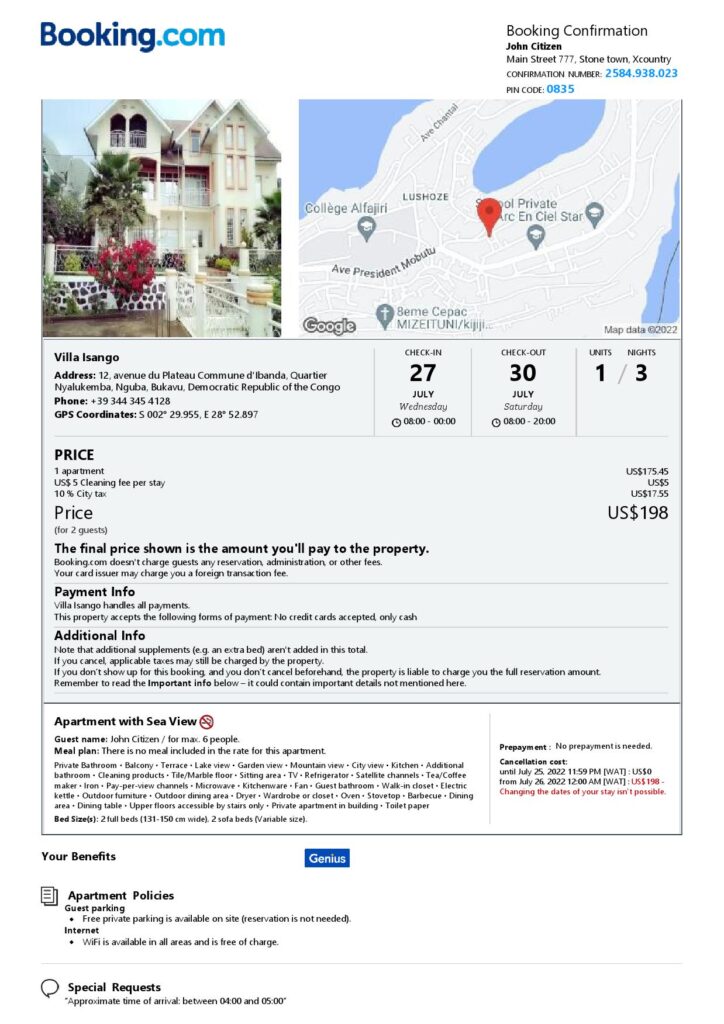 Customizable Democratic Republic of the Congo Airbnb Reservation Template | Word