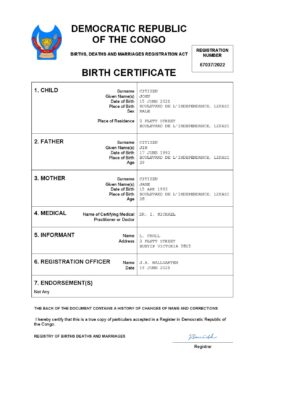 Democratic Republic of the Congo birth certificate Word and PDF template, completely editable