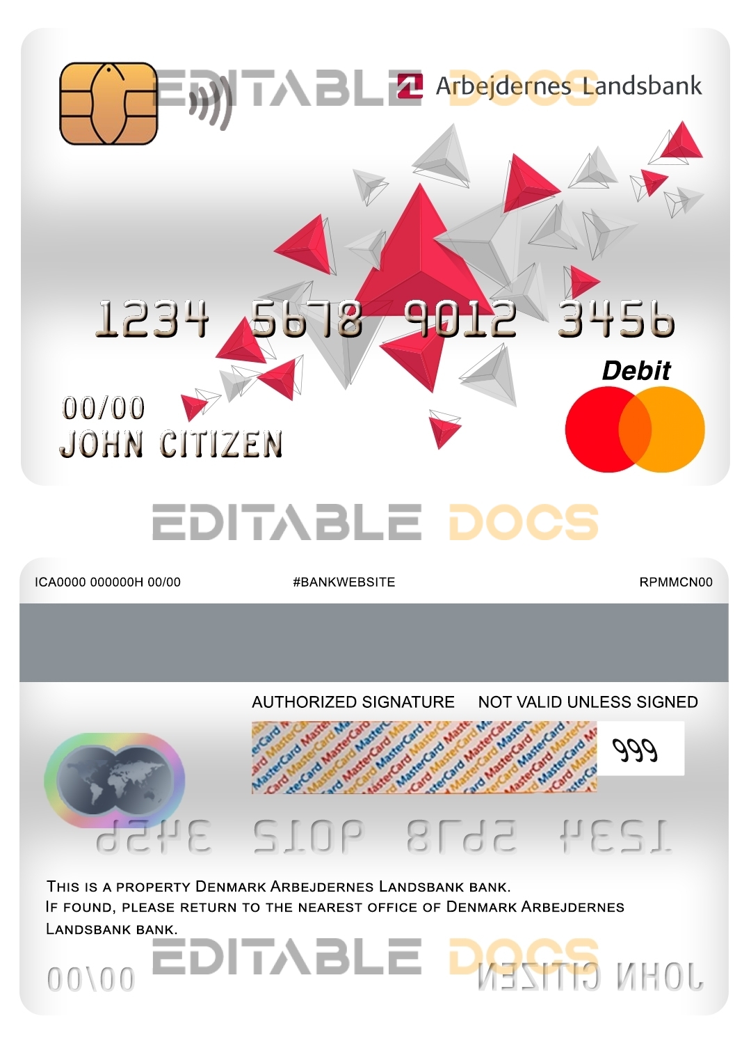 Editable Denmark Arbejdernes Landsbank mastercard debit card Templates in PSD Format