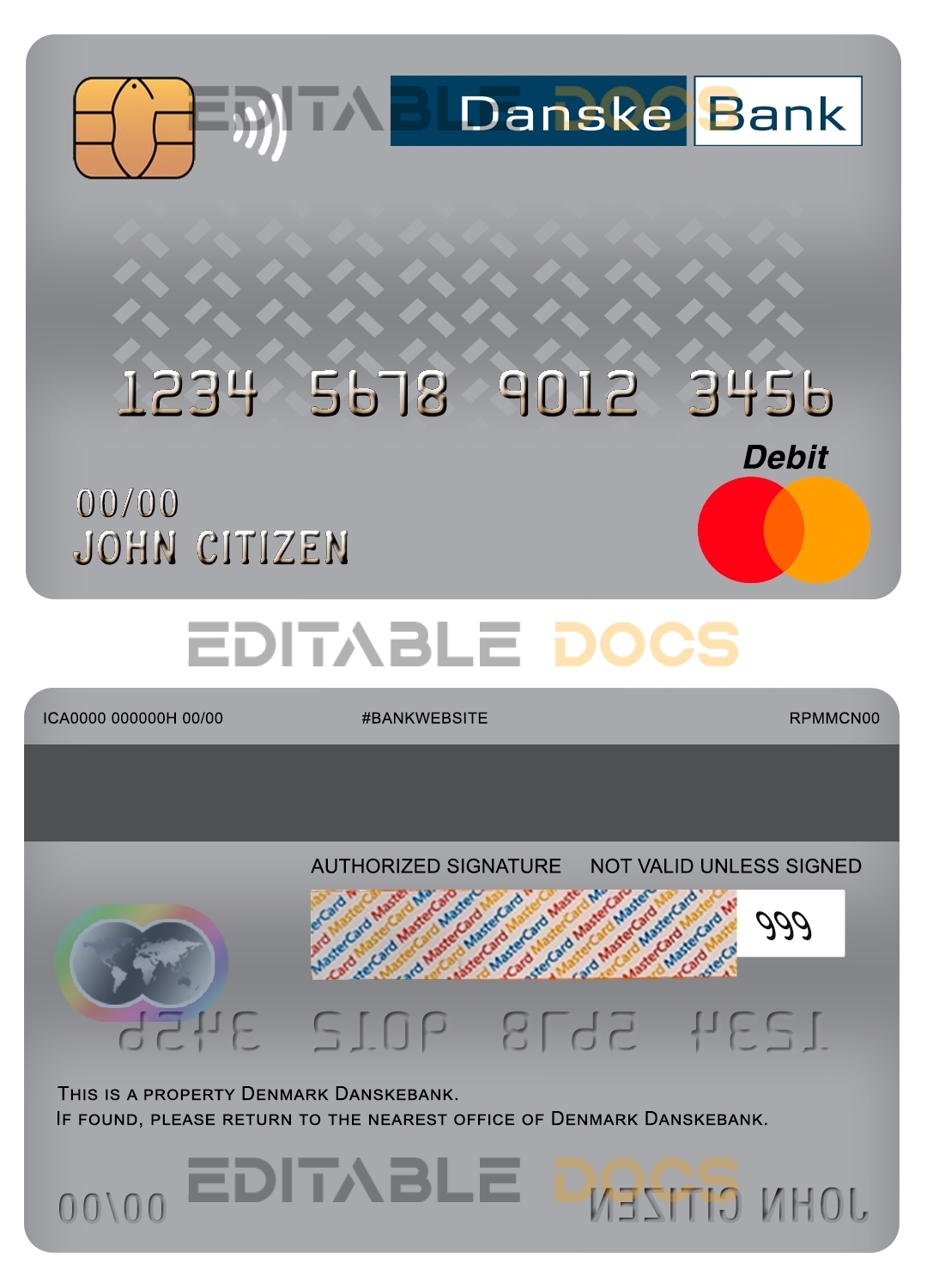 Editable Denmark Danskebank bank mastercard debit card Templates in PSD Format