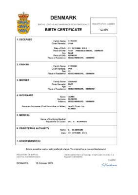Denmark vital record birth certificate Word and PDF template, completely editable