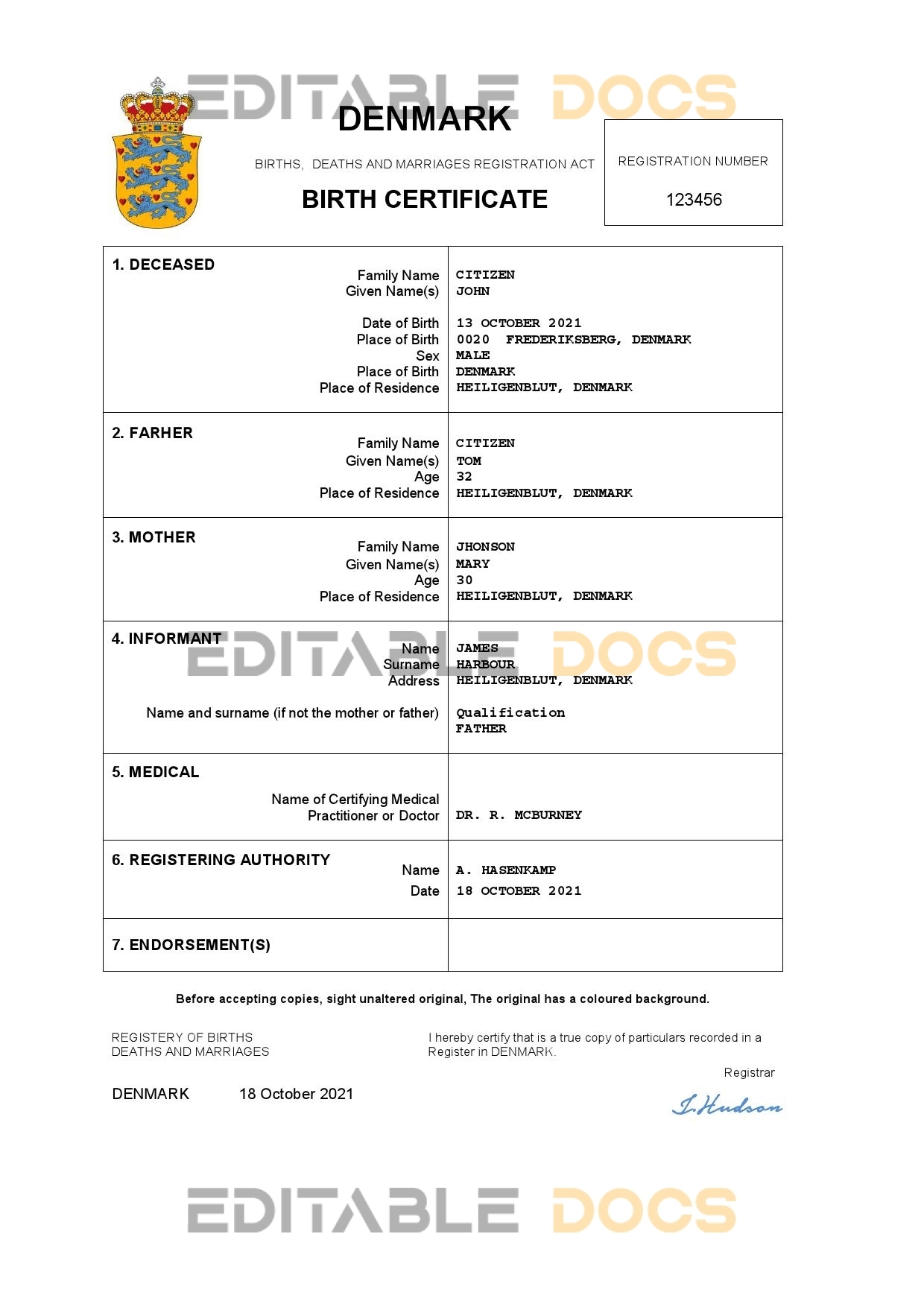 Authentic Denmark Birth Certificate Template | Customize and Download Online