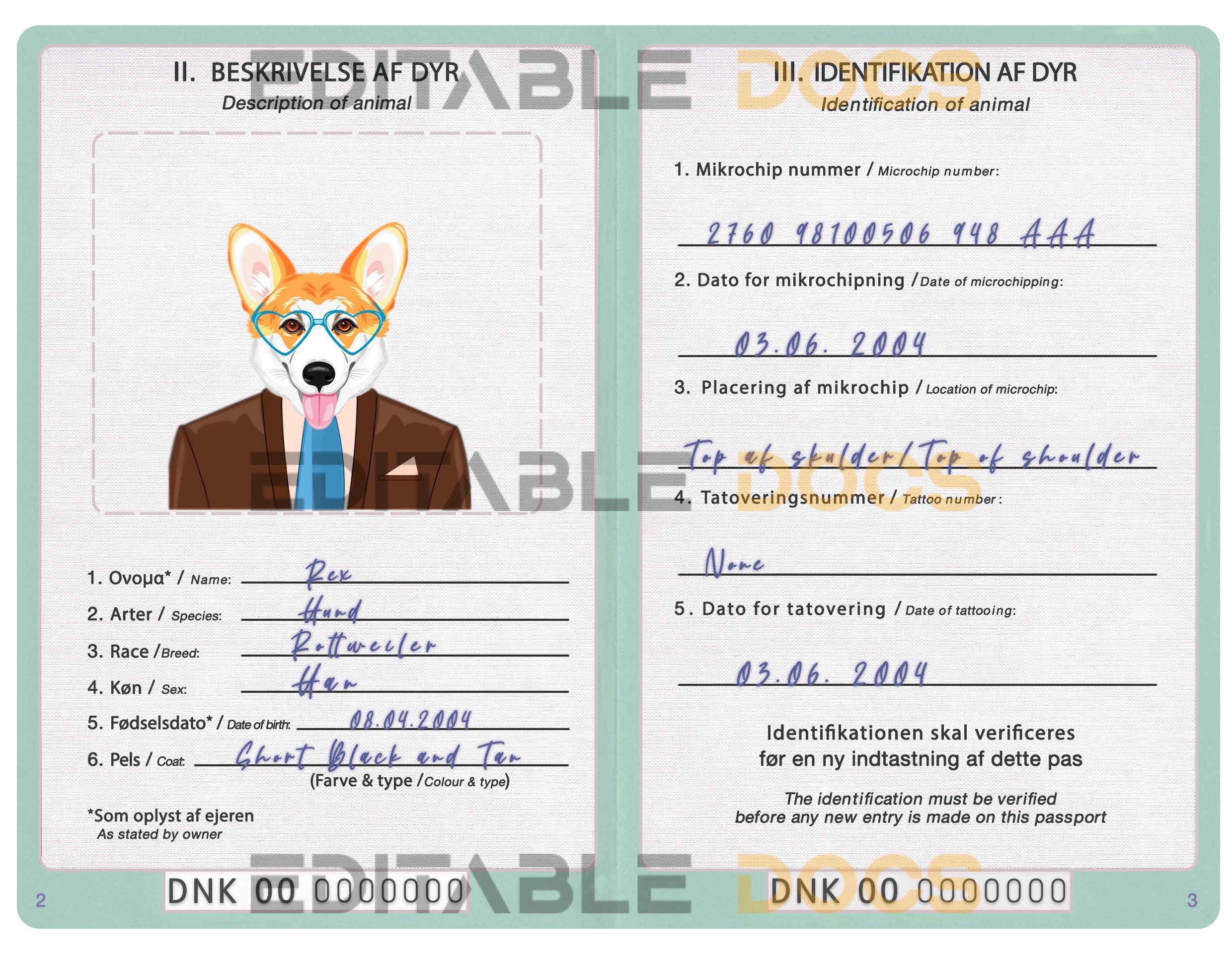 Denmark dog Fake PSD Passport | Instant Download