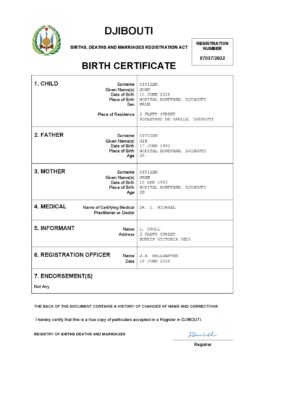 Djibouti birth certificate Word and PDF template, completely editable