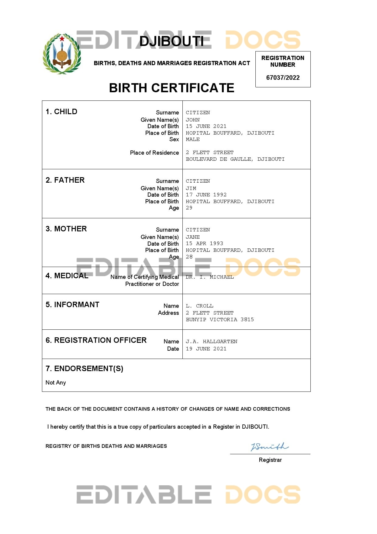 Authentic Djibouti Birth Certificate Template | Customize and Download Online