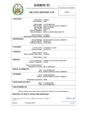 Djibouti birth certificate Word and PDF template, completely editable
