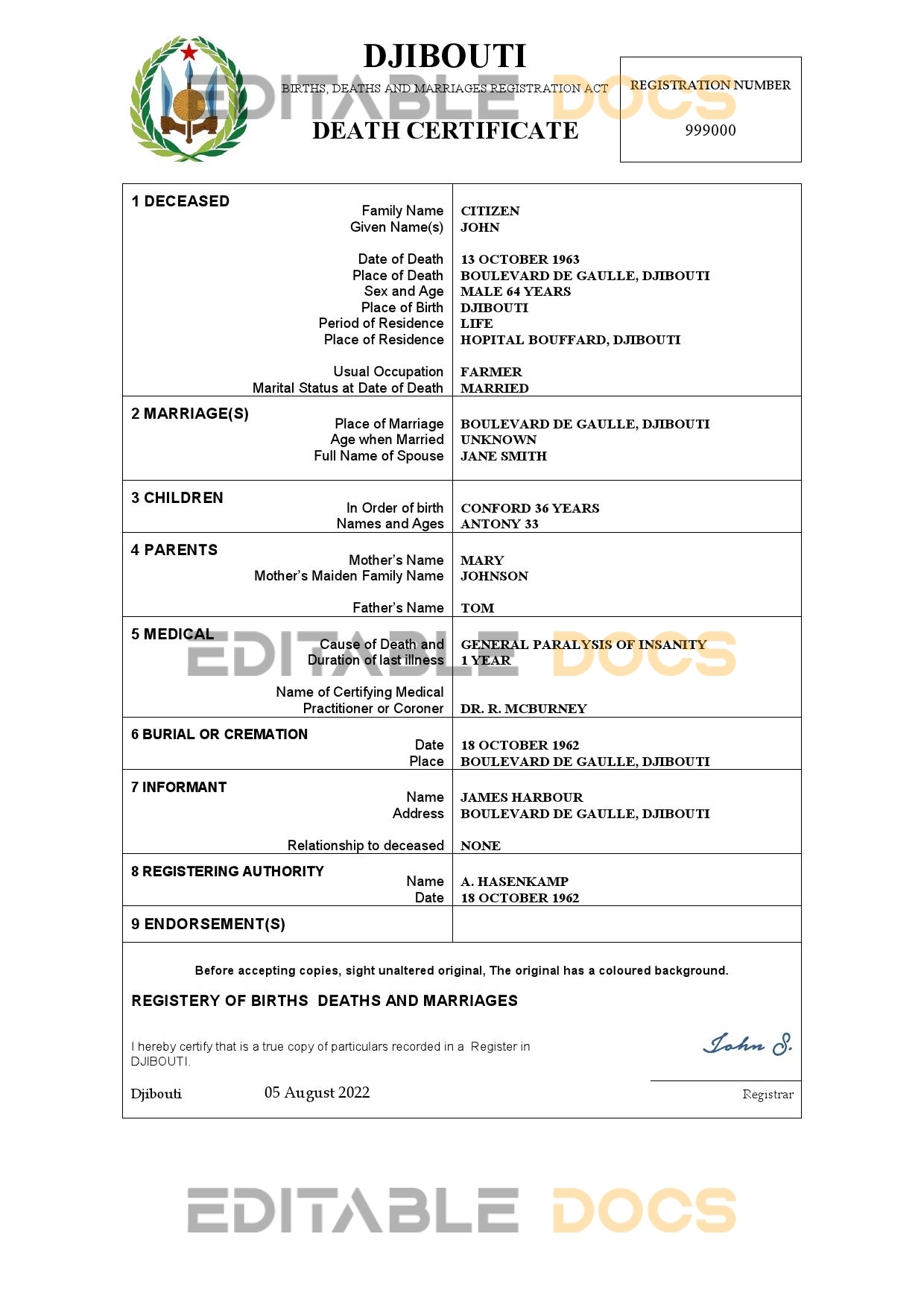 Authentic Djibouti Birth Certificate Template | Customize and Download Online