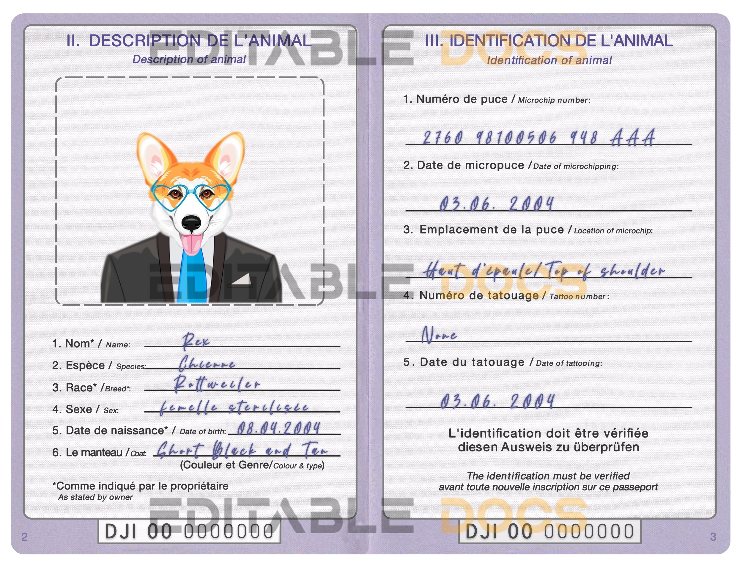 Djibouti dog Fake PSD Passport | Instant Download
