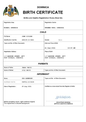 Dominica vital record birth certificate Word and PDF template, completely editable