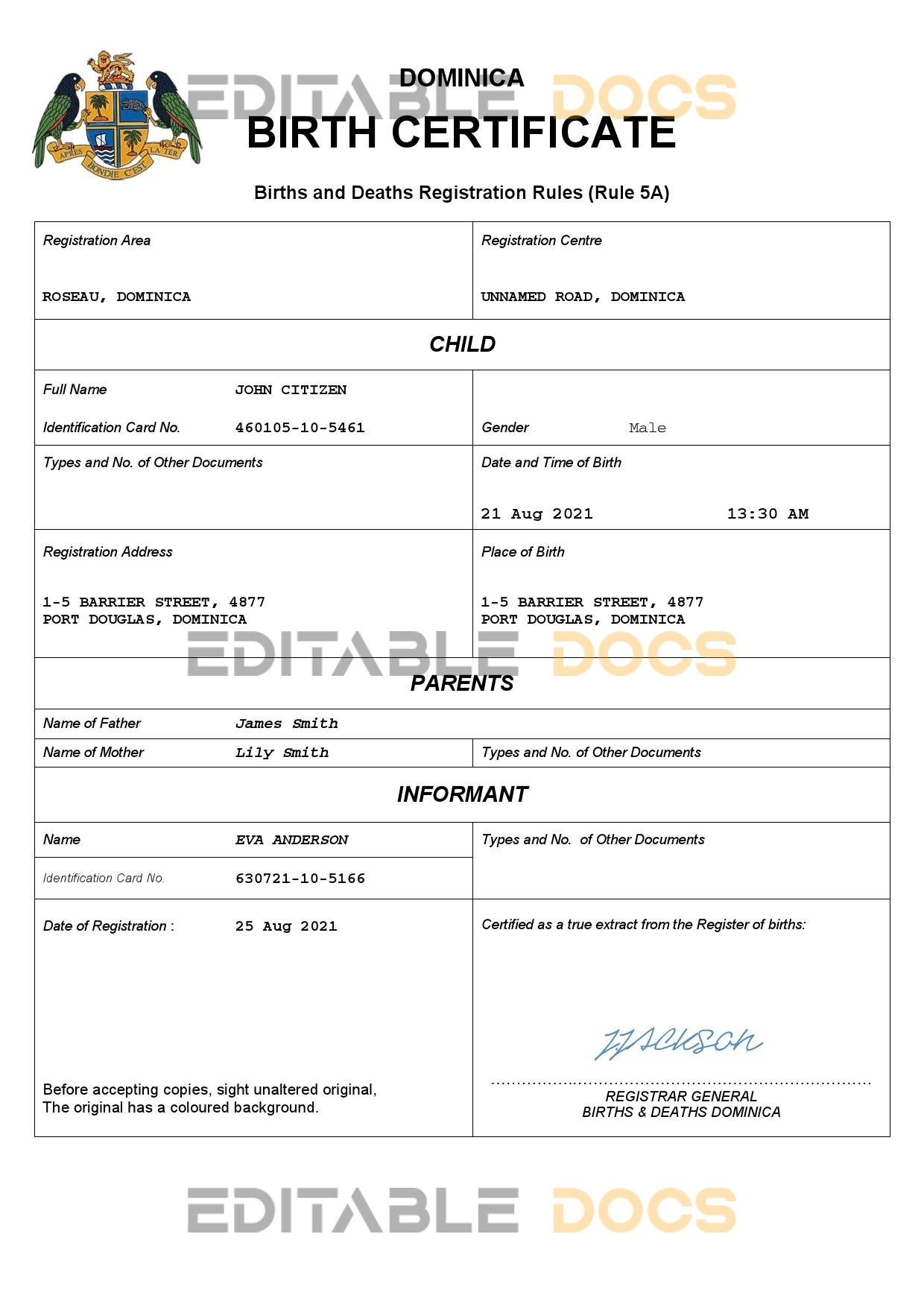 Authentic Dominica vital record Birth Certificate Template | Customize and Download Online
