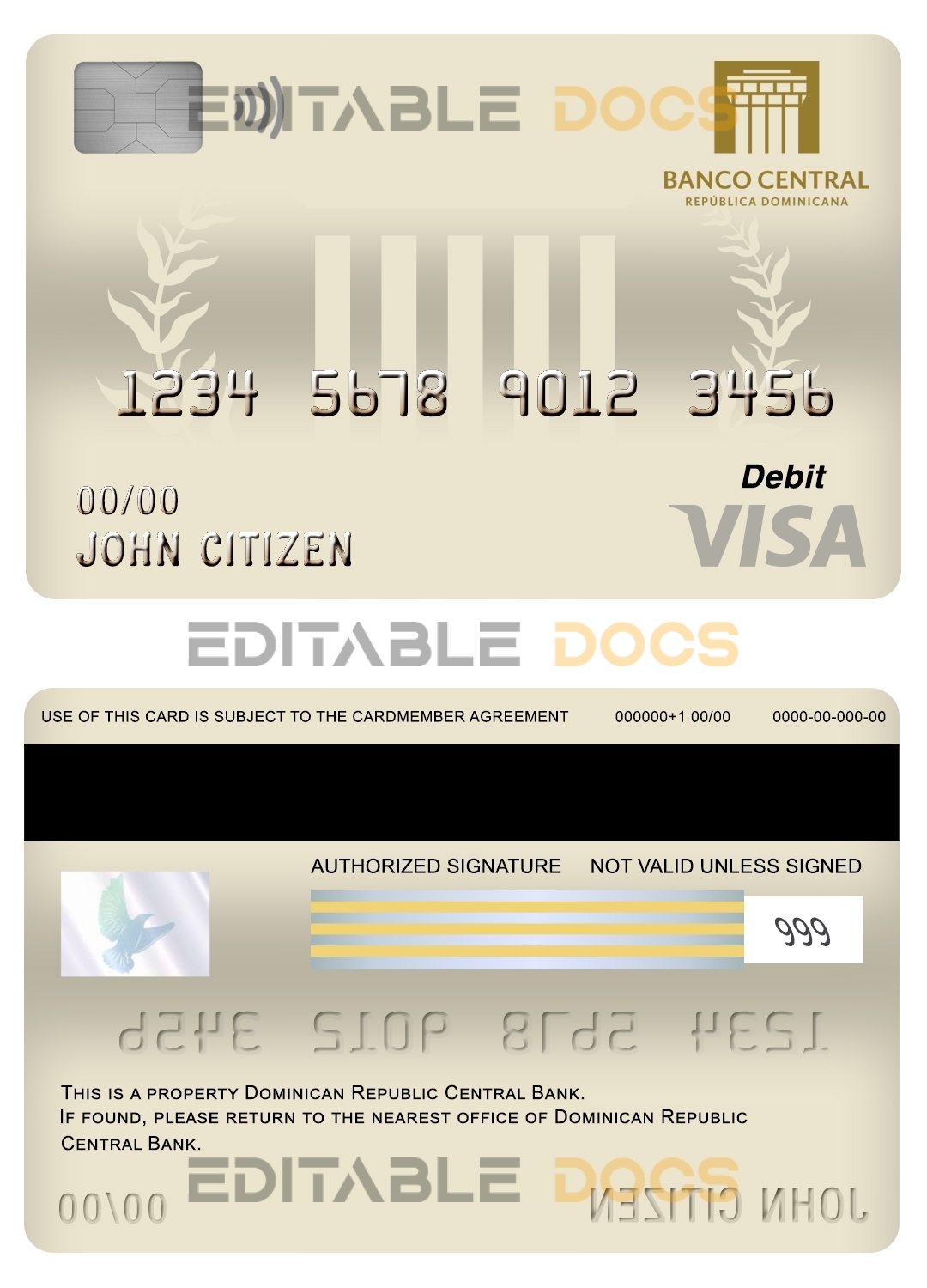 Editable Dominican Republic Central bank Of the Dominican Republic visa card debit card Templates in PSD Format