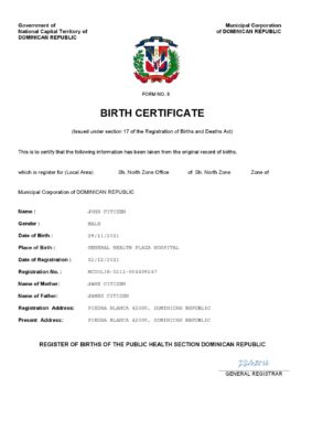Dominican Republic birth certificate Word and PDF template, completely editable