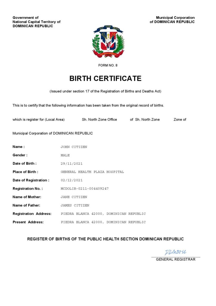 Dominican Republic birth certificate Word and PDF template, completely editable