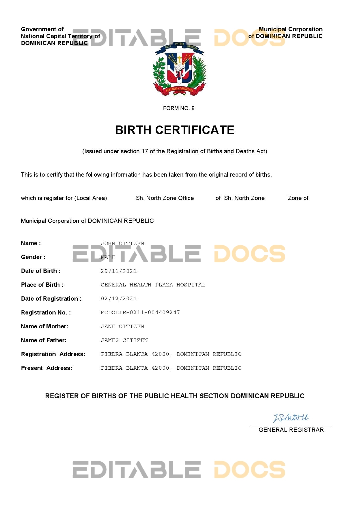 Authentic Dominican Republic Birth Certificate Template | Customize and Download Online