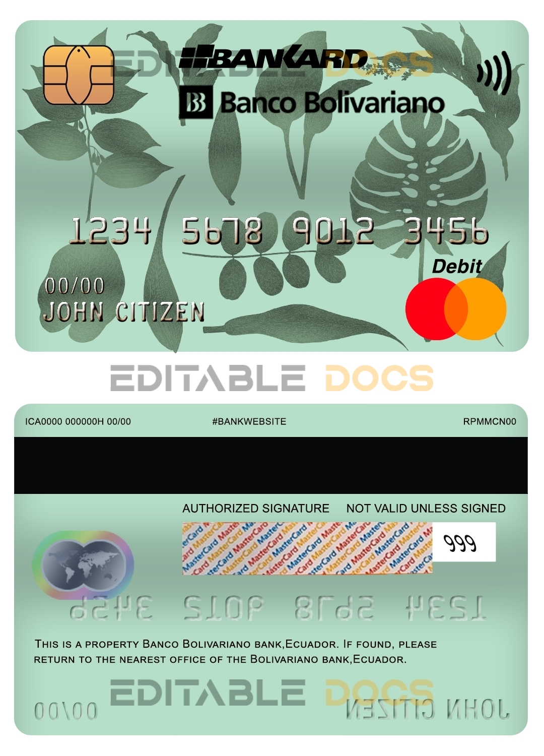 Fillable Ecuador Banco Bolivariano mastercard debit card Templates | Layer-Based PSD