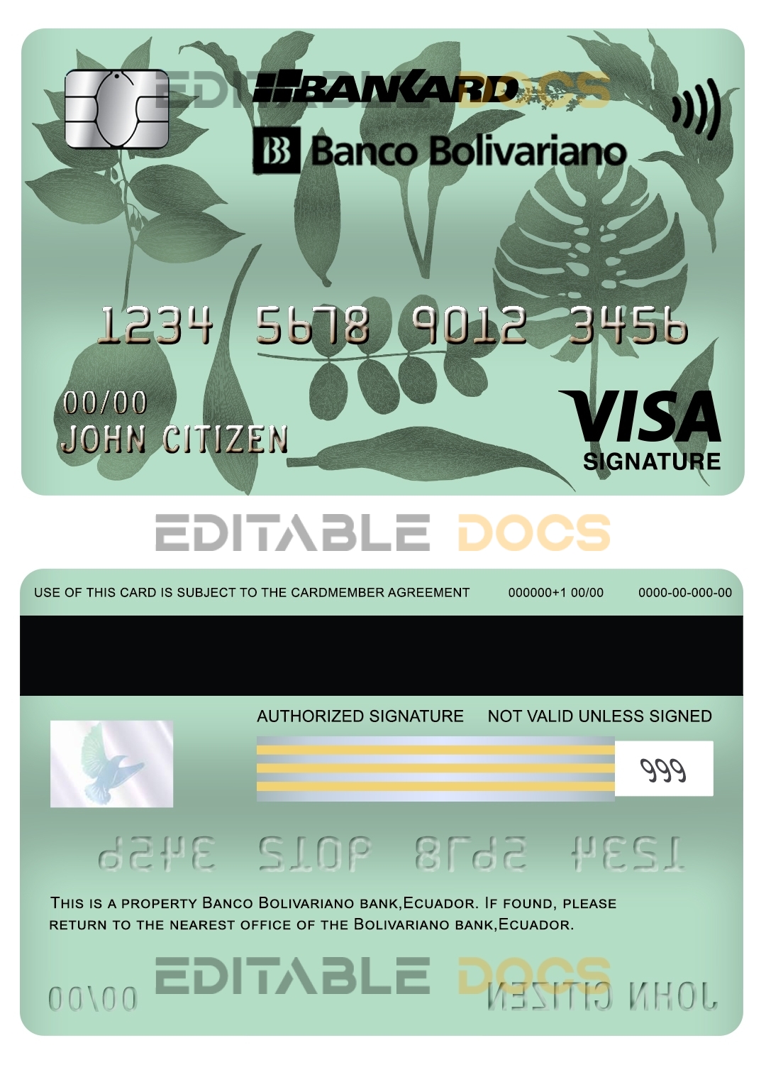 Editable Ecuador Banco Bolivariano visa signature card Templates in PSD Format