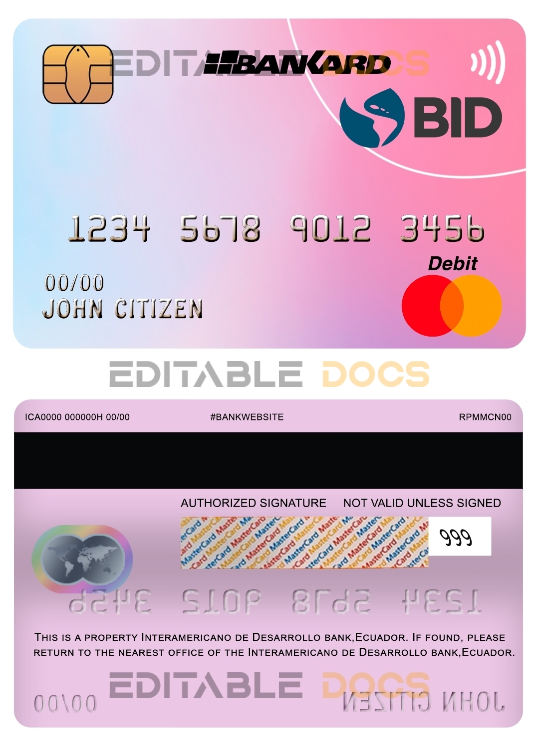 Fillable Ecuador Banco Interamericano de Desarrollo BID bank mastercard debit card Templates | Layer-Based PSD