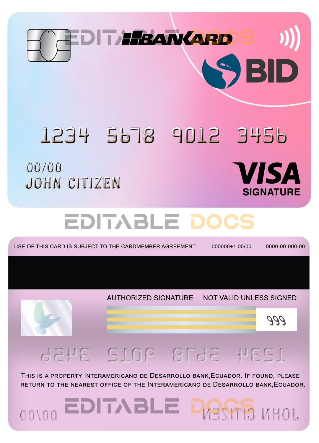 Editable Ecuador Banco Interamericano de Desarrollo BID bank visa signature card Templates in PSD Format
