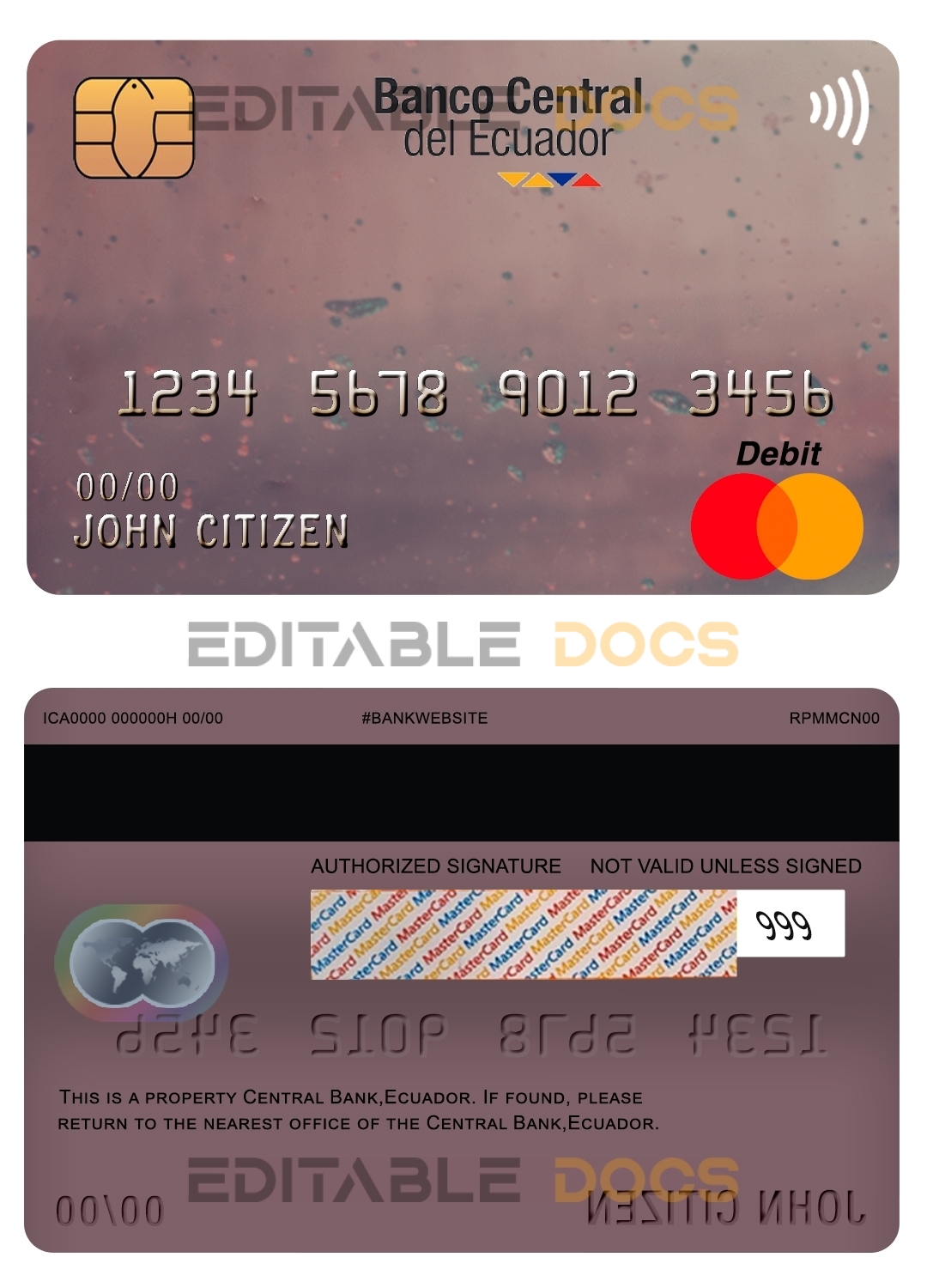 Fillable Ecuador Central Bank mastercard debit card Templates | Layer-Based PSD