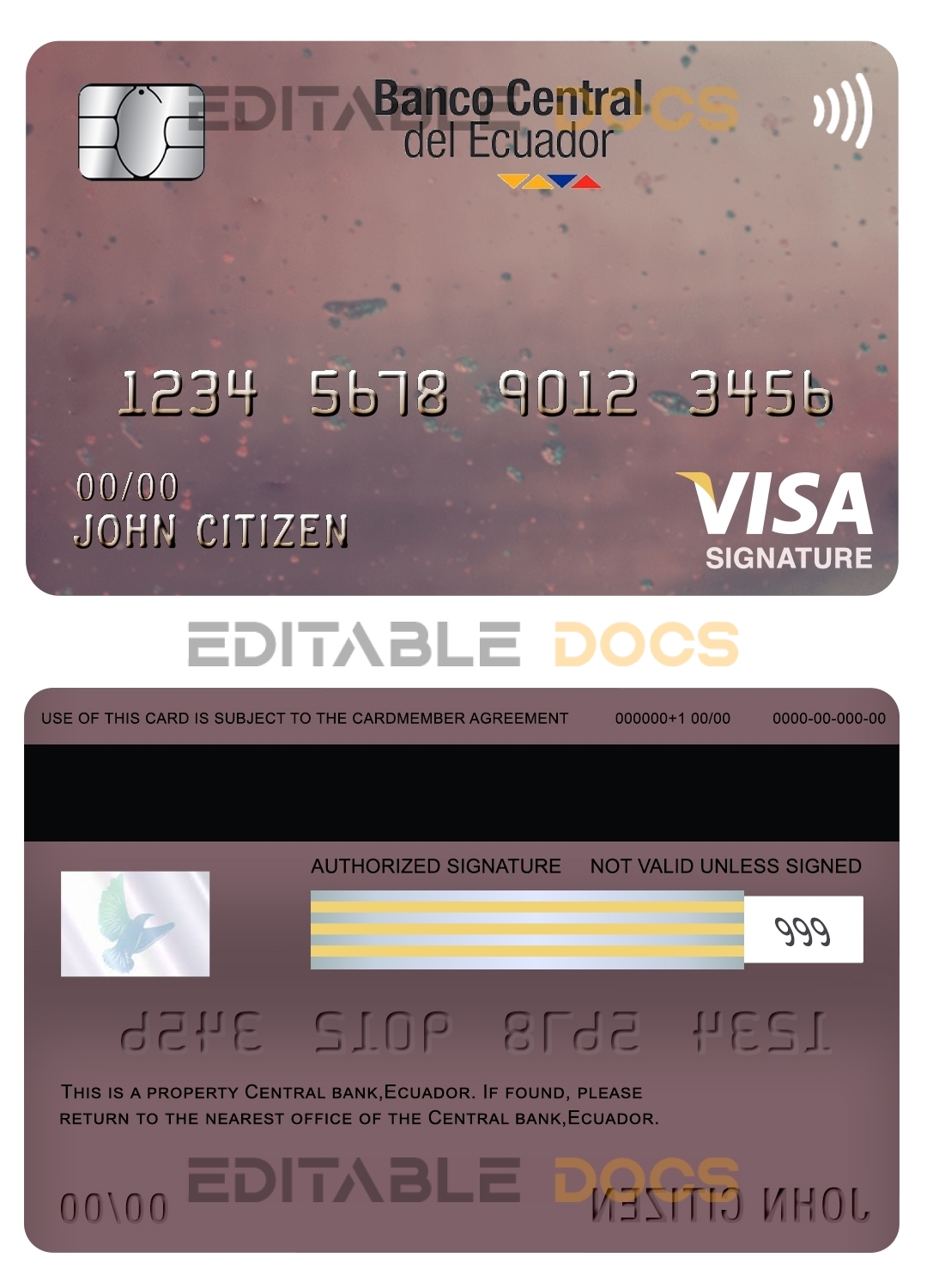 Editable Ecuador Central Bank visa signature card Templates in PSD Format