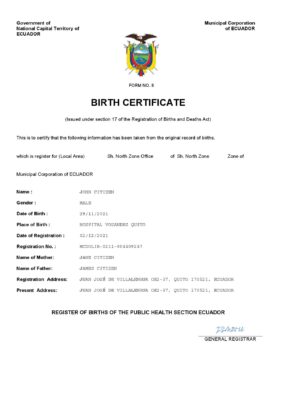 Ecuador vital record birth certificate Word and PDF template, completely editable