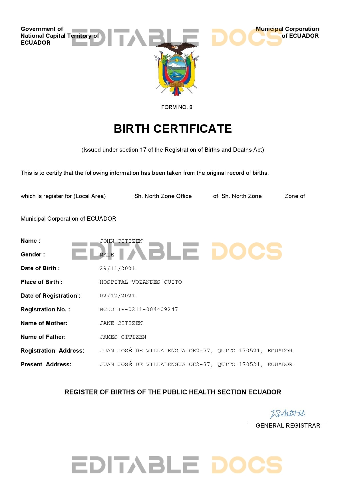 Authentic Ecuador vital record Birth Certificate Template | Customize and Download Online