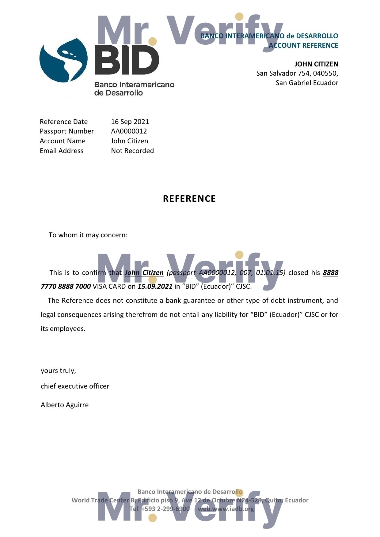 Download Ecuador Banco Interamericano de Desarrollo (BID) Bank Reference Letter Templates | Editable Word