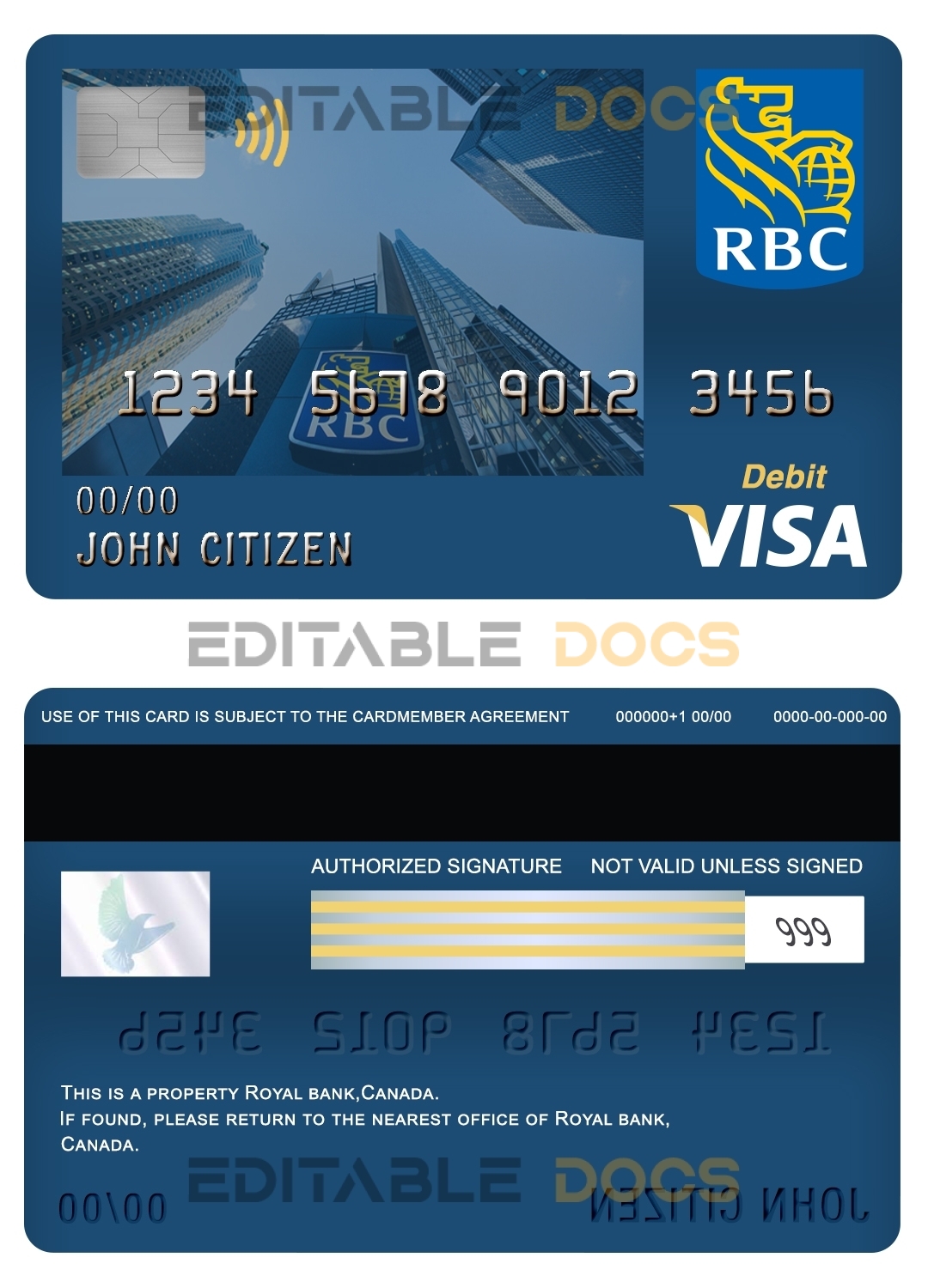 Editable Canada Royal Bank of Canada (RBC) bank visa card debit card Templates in PSD Format
