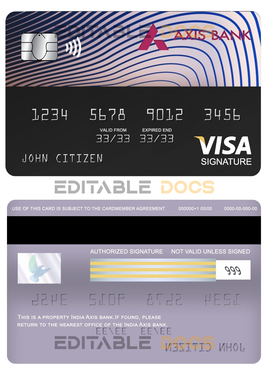 Editable India Axis bank visa signature card Templates in PSD Format
