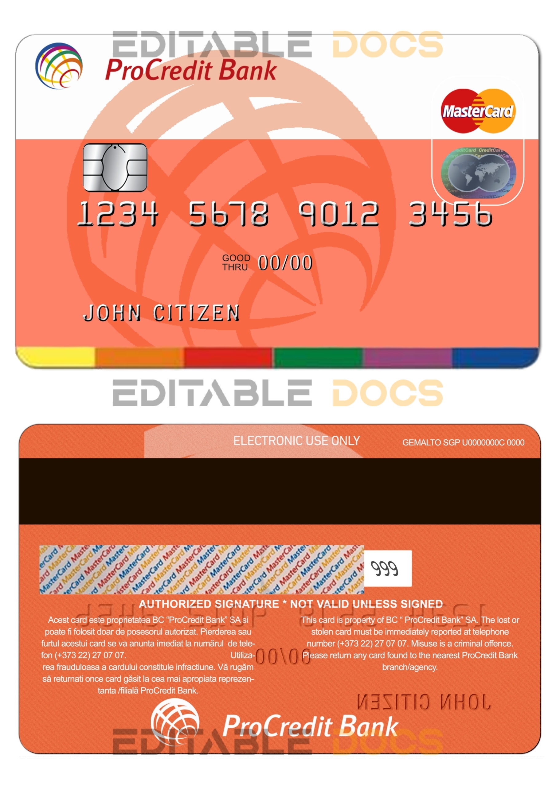 Editable Moldova ProCredit Bank mastercard Templates in PSD Format