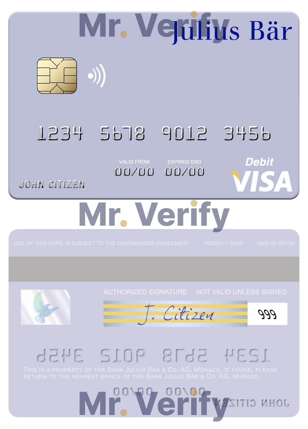 Editable Monaco Julius Bär & Co. AG bank visa debit card Templates in PSD Format