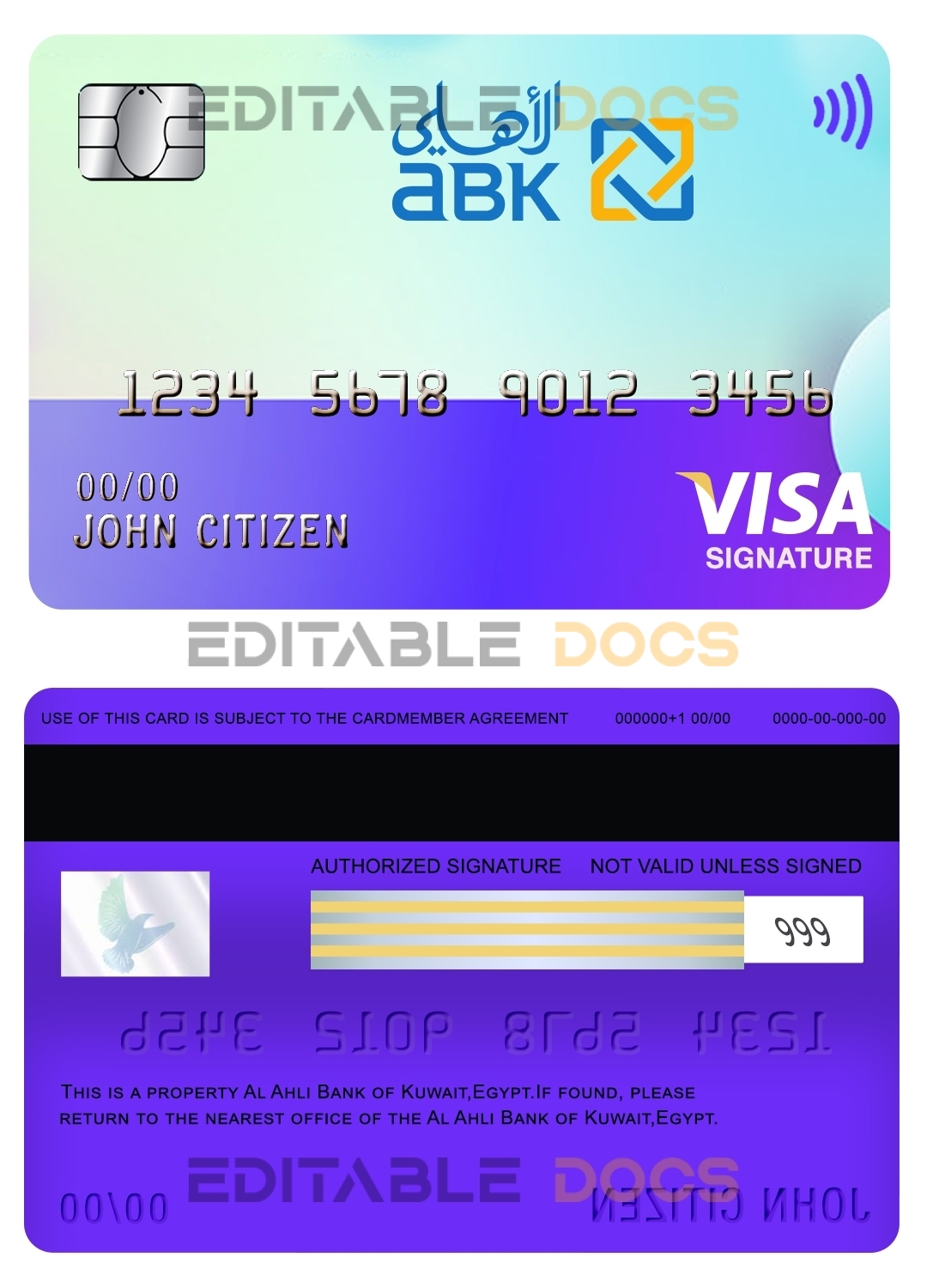 Editable Egypt Al Ahli Bank of Kuwait visa signature card Templates in PSD Format
