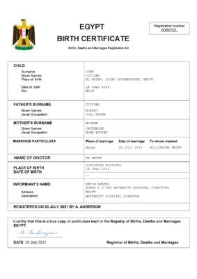 Egypt birth certificate Word and PDF template, completely editable