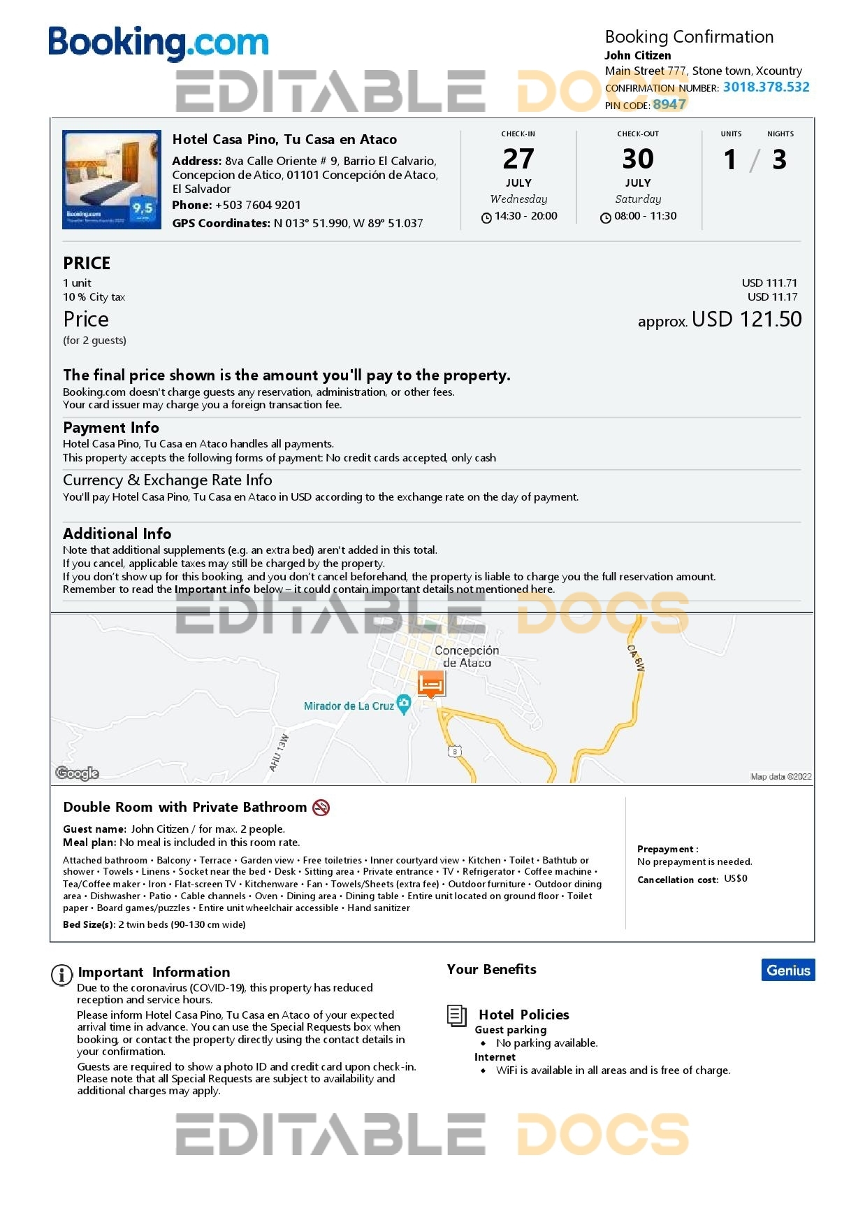 Customizable El Salvador Airbnb Reservation Template | Word & PDF Formats